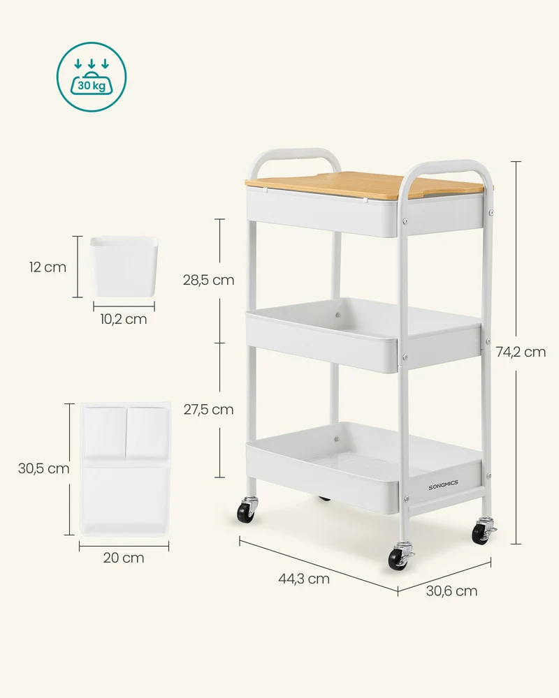 Chariot de rangement multi-usage 30,6 x 44,3 x 74,2 cm 3 niveaux 10 kg par étage design moderne en acier blanc 12_0011490