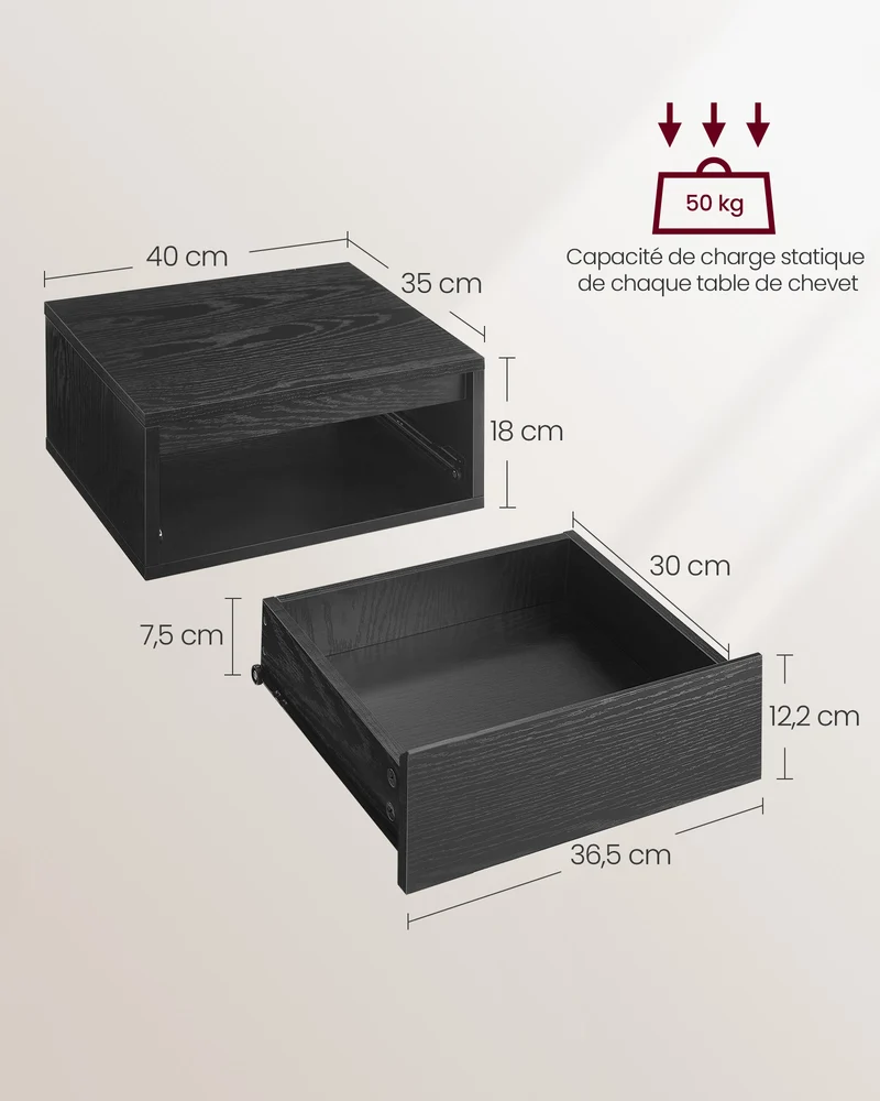 Lot de 2 tables de chevet suspendues modernes avec tiroirs 35 x 40 x 18 cm en aggloméré noir 12_0011142