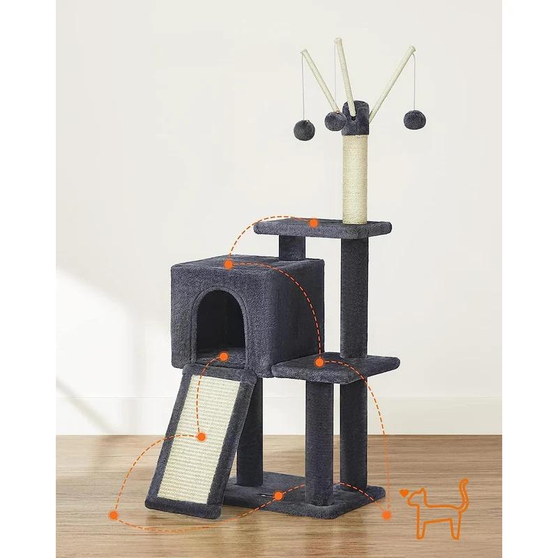 Arbre à chat tour de jeux 42 x 32 x 118 cm design moderne pour 2 chats en aggloméré gris foncé 12_0010642
