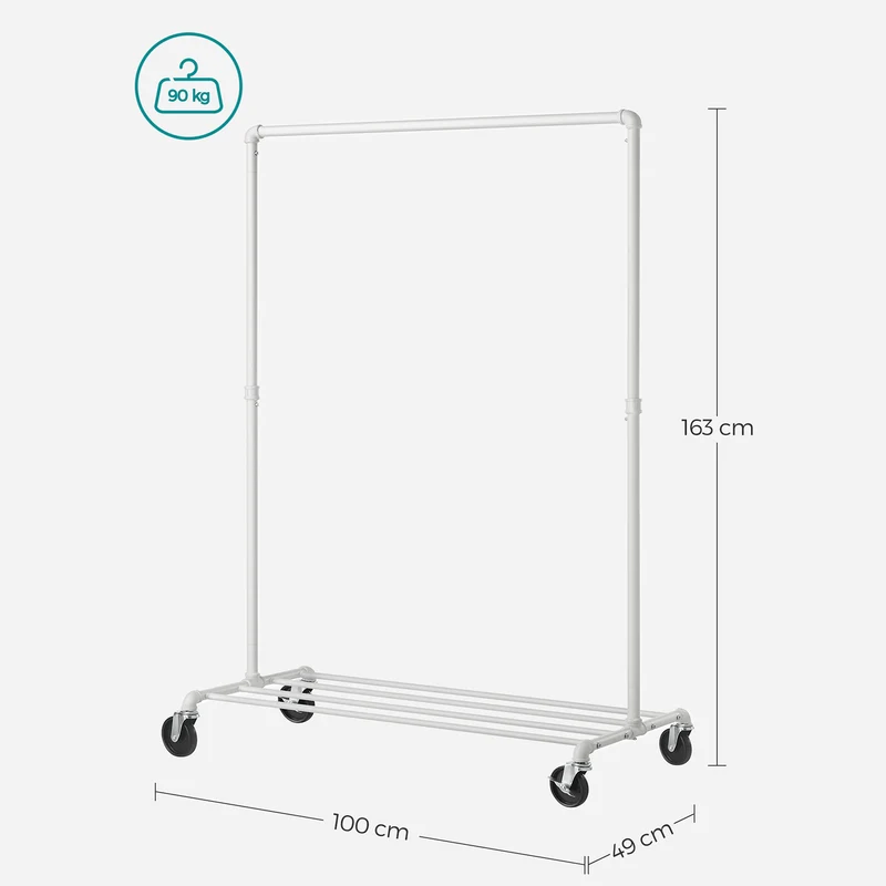 Portant à vêtements à roulettes avec tringle et étagère de rangement 100 x 49 x 163 cm style industriel pour chambre buanderie en acier blanc 12_0010110