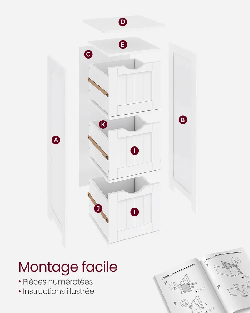 Meuble de rangement colonne 3 tiroirs 32 x 30 x 81 cm pour salon chambre cuisine style nordique en MDF blanc mat 12_0009687
