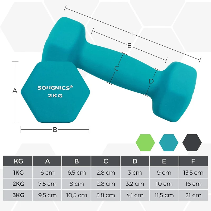 Lot de 6 haltères pour musculation entraînement à domicile 1 kg 2 kg 3 kg rangement pratique en néoprène vert 12_0008879