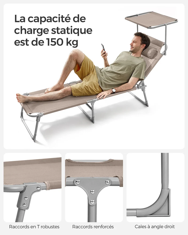 Lot de 2 transats de jardin pliables confortables avec dossiers inclinables 55 x 193 x 31 cm en tissu taupe