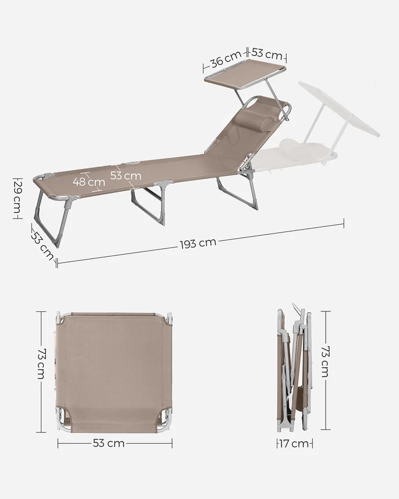 Lot de 2 transats de jardin pliables confortables avec dossiers inclinables 55 x 193 x 31 cm en tissu taupe