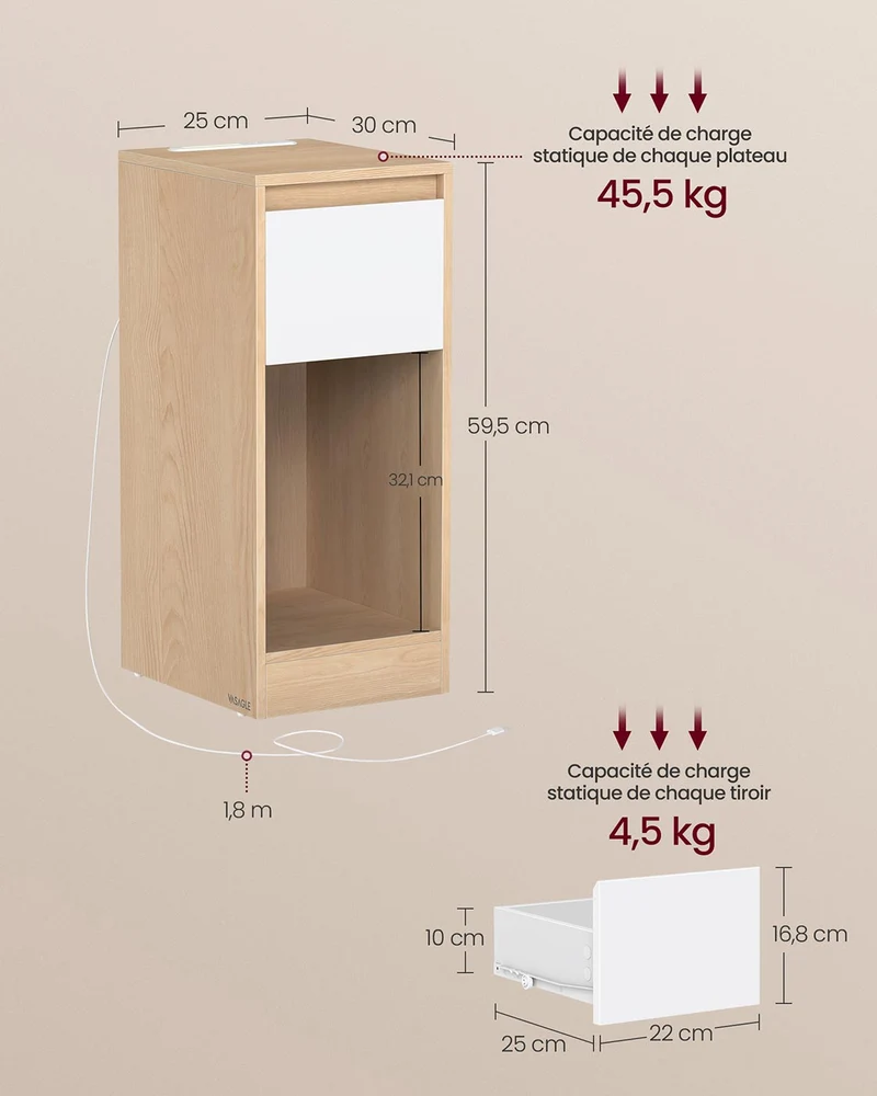 Table de chevet étroite avec éclairage LED 30 x 25 x 59,5 cm rangement pratique moderne en aggloméré jaune amande 12_0013014