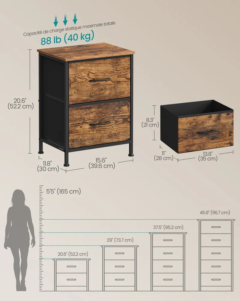 Commode de rangement 30 x 39,6 x 52,2 cm 9 tiroirs pratique style rustique en MDF marron 12_0012703