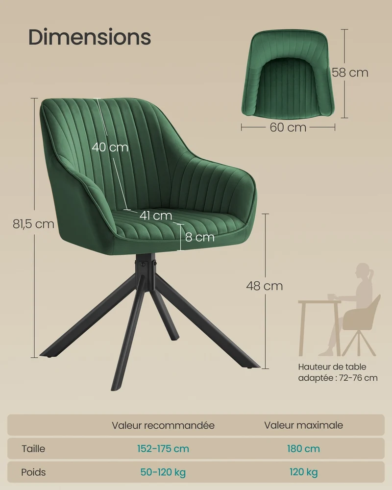 Chaise de salle à manger pivotante design moderne 58 x 60 x 81,5 cm confort rembourré en velours noir d'encre 12_0012469