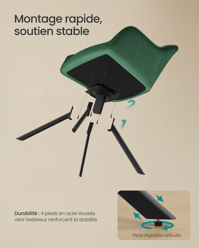 Chaise de salle à manger pivotante design moderne 58 x 60 x 81,5 cm confort rembourré en velours noir d'encre 12_0012469