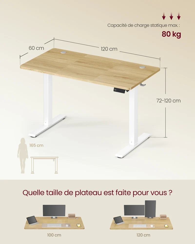 Bureau assis-debout électrique réglable hauteur 120 x 60 cm avec fonction mémoire et rappel de sédentarité en aggloméré doré 12_0012199