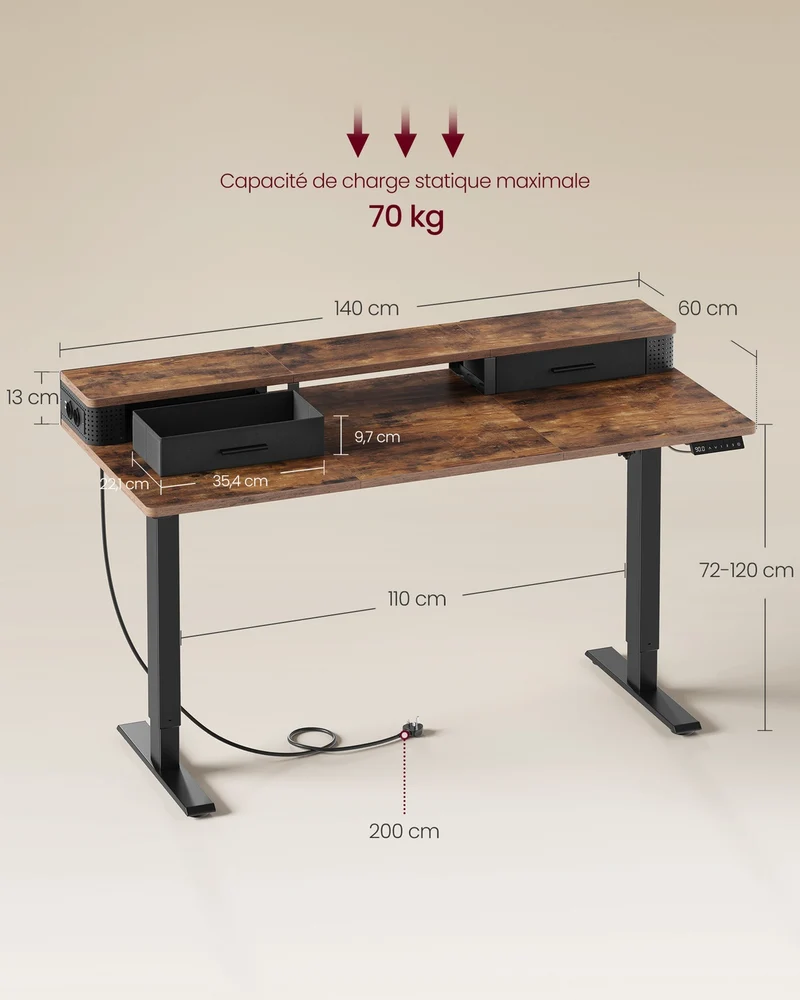 Bureau électrique assis-debout réglable en hauteur 140 x 60 x 120 cm design rustique finition mate en aggloméré marron 12_0011271