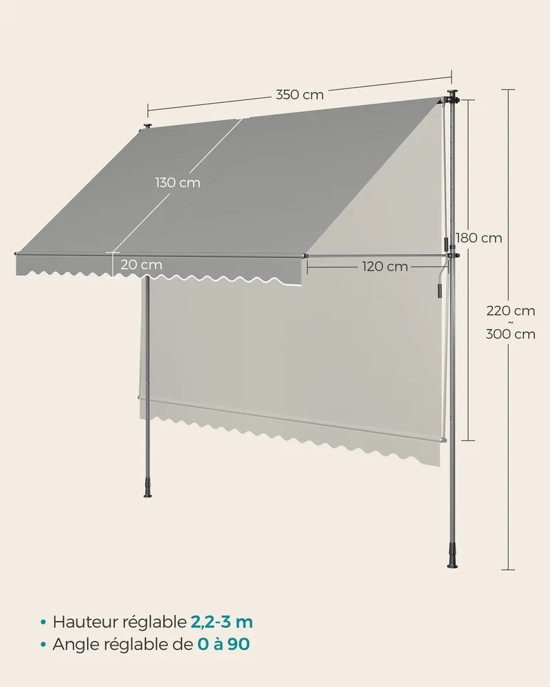 Store banne rétractable manuel réglable en hauteur 350 x 120 cm pour balcon jardin terrasse en tissu gris 12_0011257
