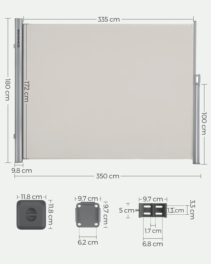 Store latéral brise-vue flexible extérieur 180 x 350 cm protection contre le vent et soleil finition élégante en aluminium beige 12_0008748