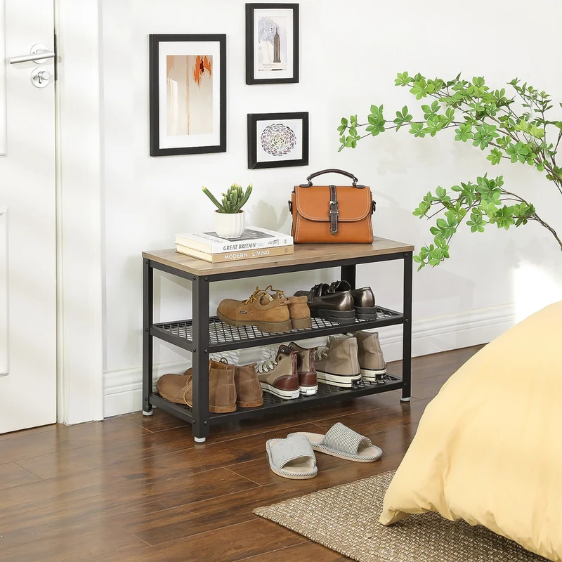 Banc à chaussures style industriel avec 2 étagères pour 6 à 8 paires 73 x 30 x 45 cm en aggloméré noir 12_0008577