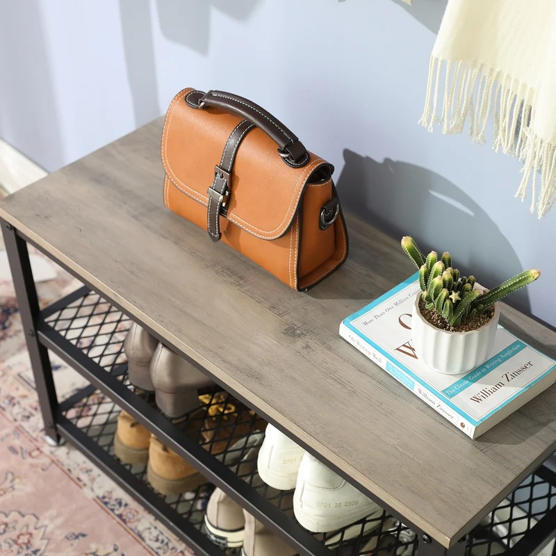Banc à chaussures style industriel avec 2 étagères pour 6 à 8 paires 73 x 30 x 45 cm en aggloméré noir 12_0008577