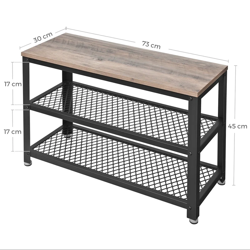 Banc à chaussures style industriel avec 2 étagères pour 6 à 8 paires 73 x 30 x 45 cm en aggloméré noir 12_0008577