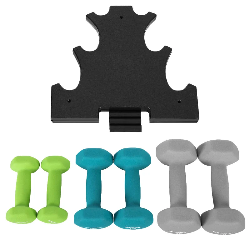Set haltère 3 paires 2x1 kg 2x2 kg 2x3 kg rack de rangement offert salle de sport musculation entraînement revêtement en néoprène antiglisse vert vif turquoise et gris 12_0007400