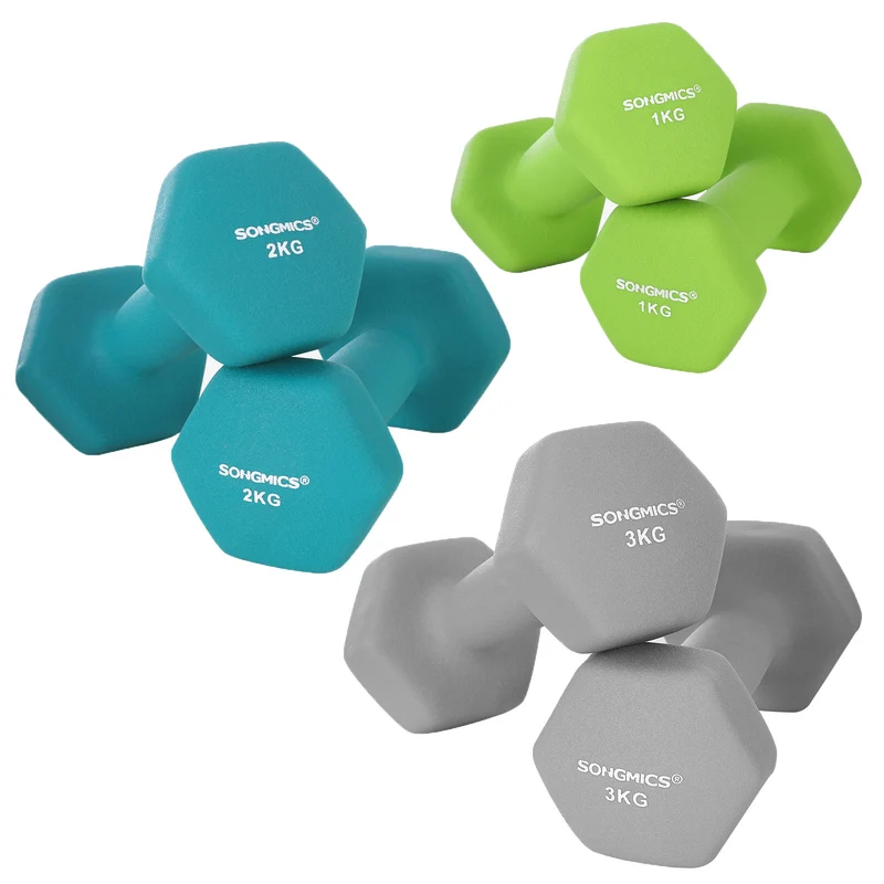 Set haltère 3 paires 2x1 kg 2x2 kg 2x3 kg rack de rangement offert salle de sport musculation entraînement revêtement en néoprène antiglisse vert vif turquoise et gris 12_0007400