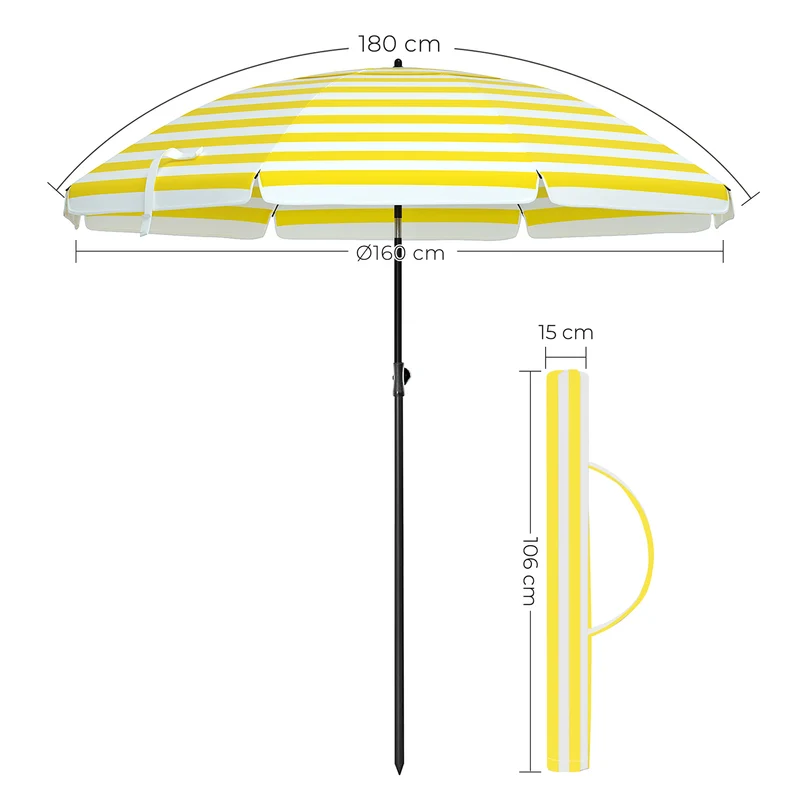 Parasol de plage ø 1 6 m ombrelle de jardin protection upf 50+ inclinable portable résistant au vent baleines en fibre de verre avec sac rayures jaunes et blanches gpu60yw 12_0001756