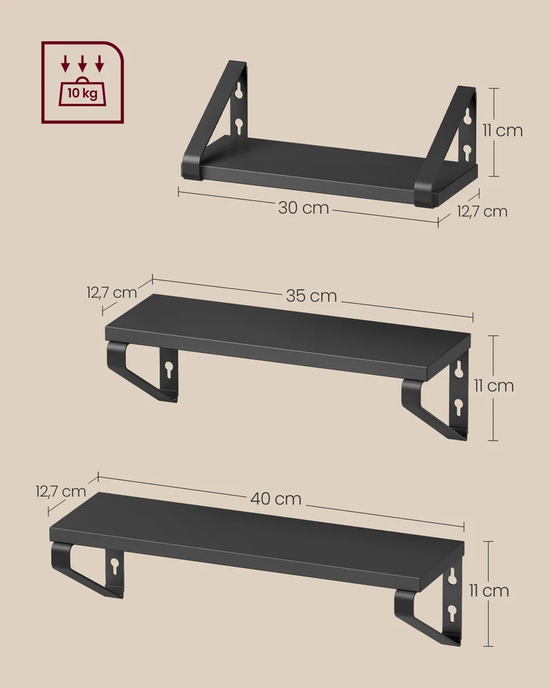 Lot de 3 étagères murales flottantes 30 x 12 x 11 cm 35 x 12 x 11 cm 40 x 12 x 11 cm fonctionnelles style moderne en aggloméré noir 12_0013043