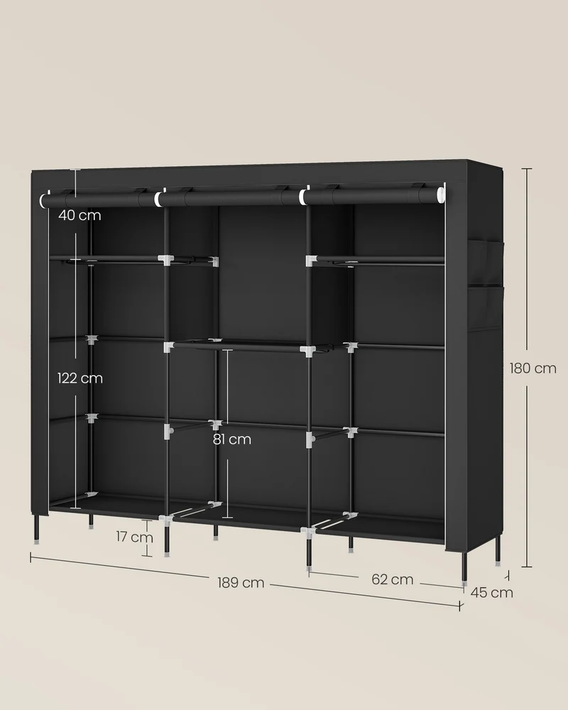 Armoire penderie tissu non-tissé 45 x 189 x 180 cm grande capacité 3 compartiments de suspension style moderne en acier noir 12_0012704