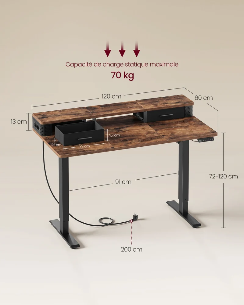 Bureau réglable en hauteur assis-debout 120 x 60 cm fonction mémoire style contemporain en aggloméré marron 12_0011979