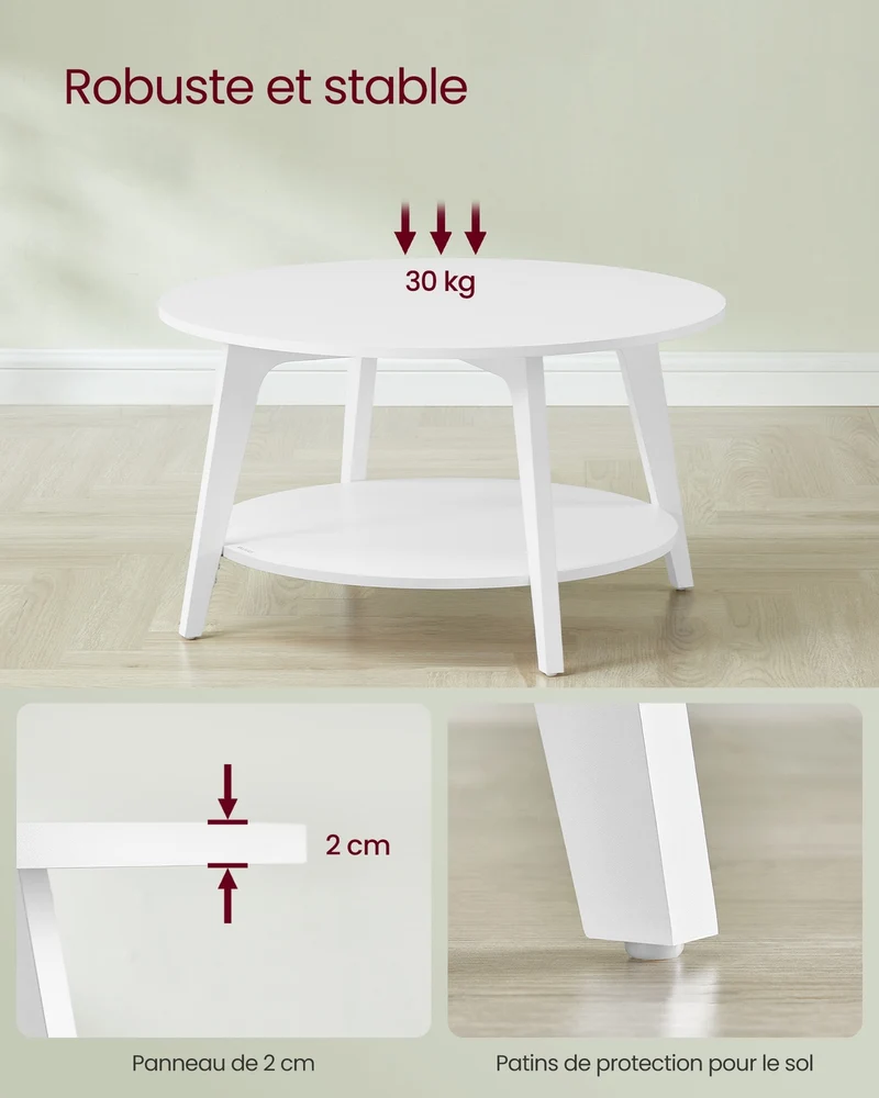 Table basse ronde design moderne 80 x 45 cm usage salon deux niveaux en aggloméré blanc nuage 12_0011765