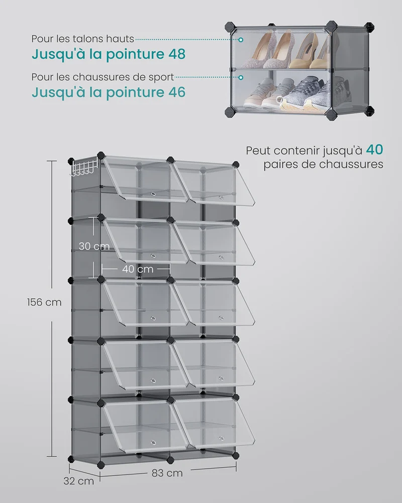 Rangement chaussures modulable 32 x 83 x 156 cm avec 10 compartiments pratique design contemporain en acier gris ardoise 12_0010527