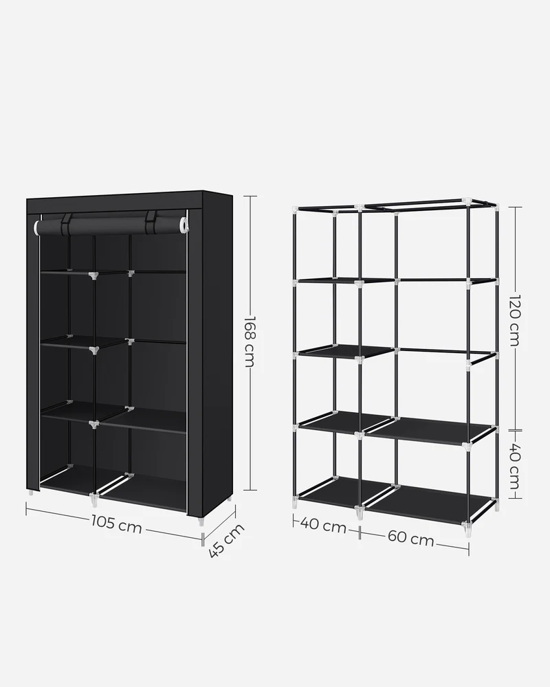 Armoire à vêtements penderie 45 x 105 x 168 cm rangement pratique design moderne en tissu non-tissé noir 12_0010212