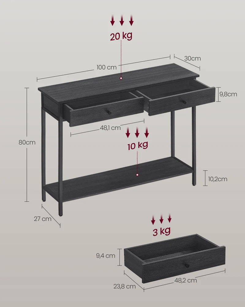 Table console moderne avec 2 tiroirs 100 x 30 x 80 cm style industriel pour entrée salon en panneau d'aggloméré noir 12_0010171