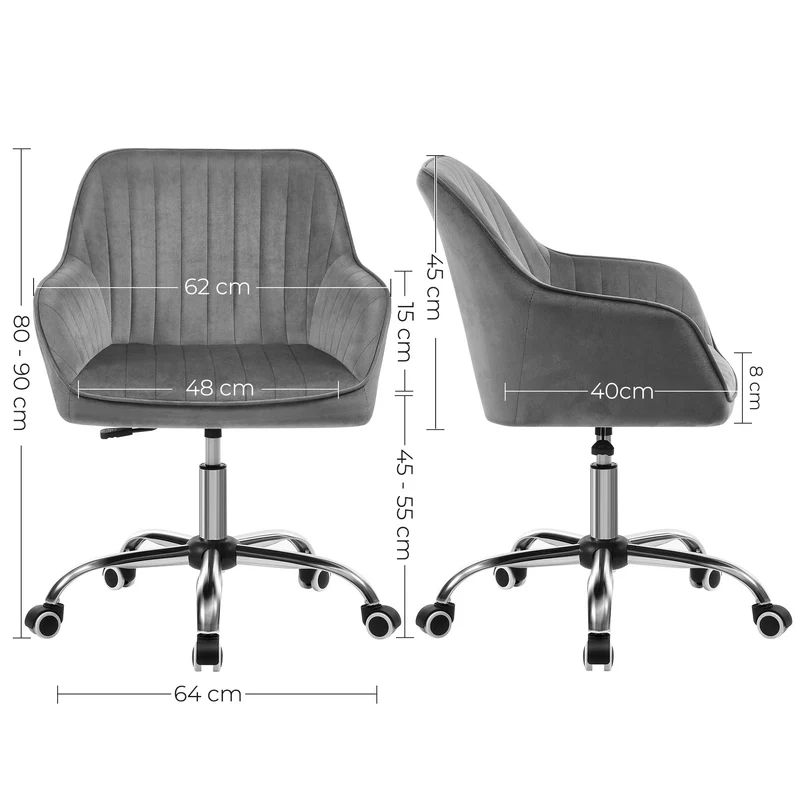 Chaise de bureau ergonomique pivotante hauteur réglable 64 x 62 x 90 cm confort optimal style moderne en tissu velours gris clair 12_0009927
