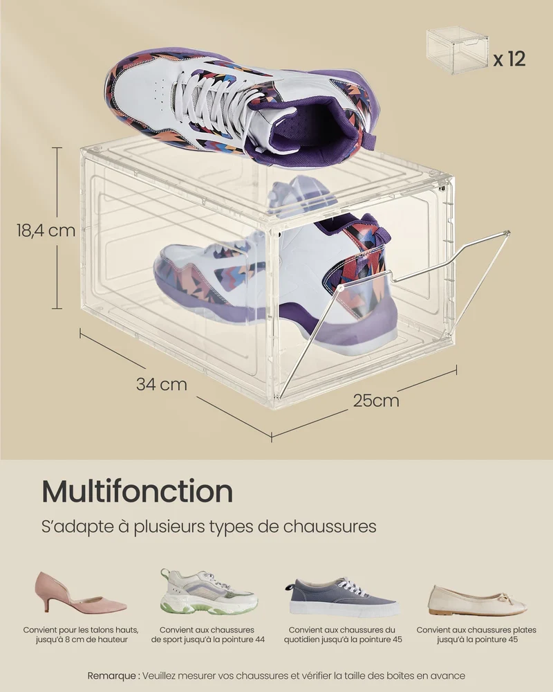 Lot de 6 boîtes à chaussures empilables rangement pratique 27 x 34,5 x 19 cm en plastique blanc 12_0009557