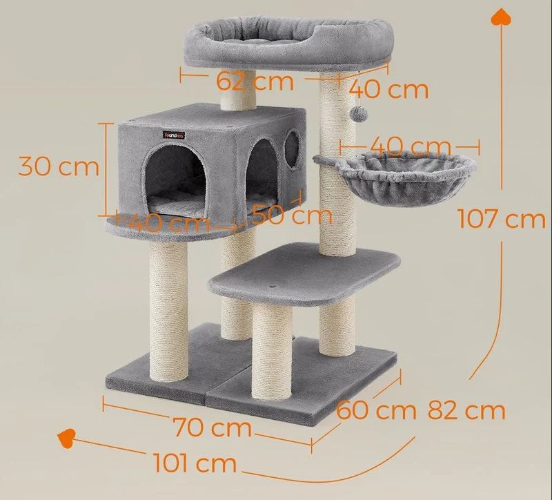 Arbre à chat avec grotte et plateforme d'observation 70 x 60 x 107 cm stable design moderne en aggloméré gris clair 12_0008668