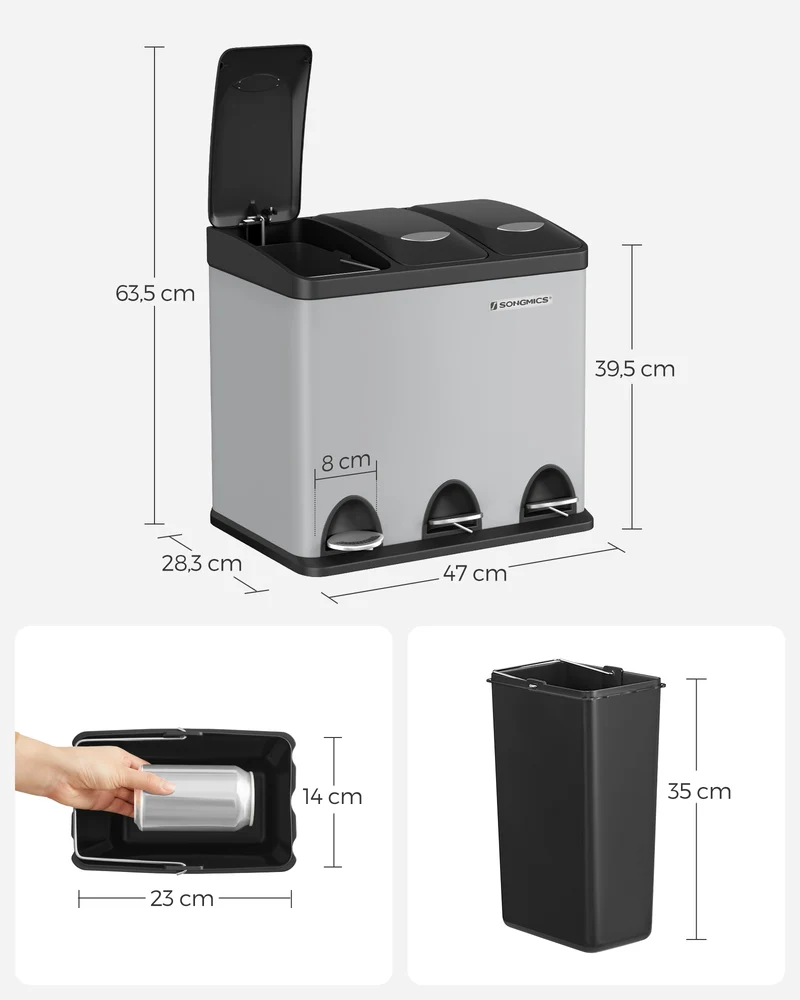 Poubelle de cuisine tri sélectif 47 x 28 x 63,5 cm 3 compartiments pratique moderne en acier gris tourterelle 12_0008440