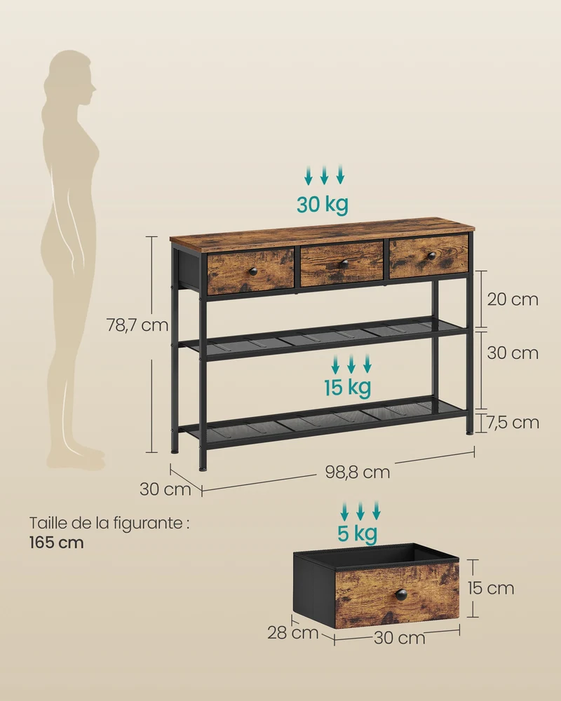 Table console moderne avec éclairage LED 30 x 98,8 x 78,7 cm rangement pratique style rustique en acier marron 12_0013185