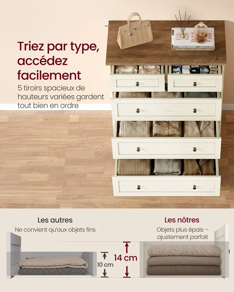 Commode de rangement à tiroirs style cottage 40 x 80 x 93,6 cm ambiance cosy en aggloméré blanc rustique 12_0013081