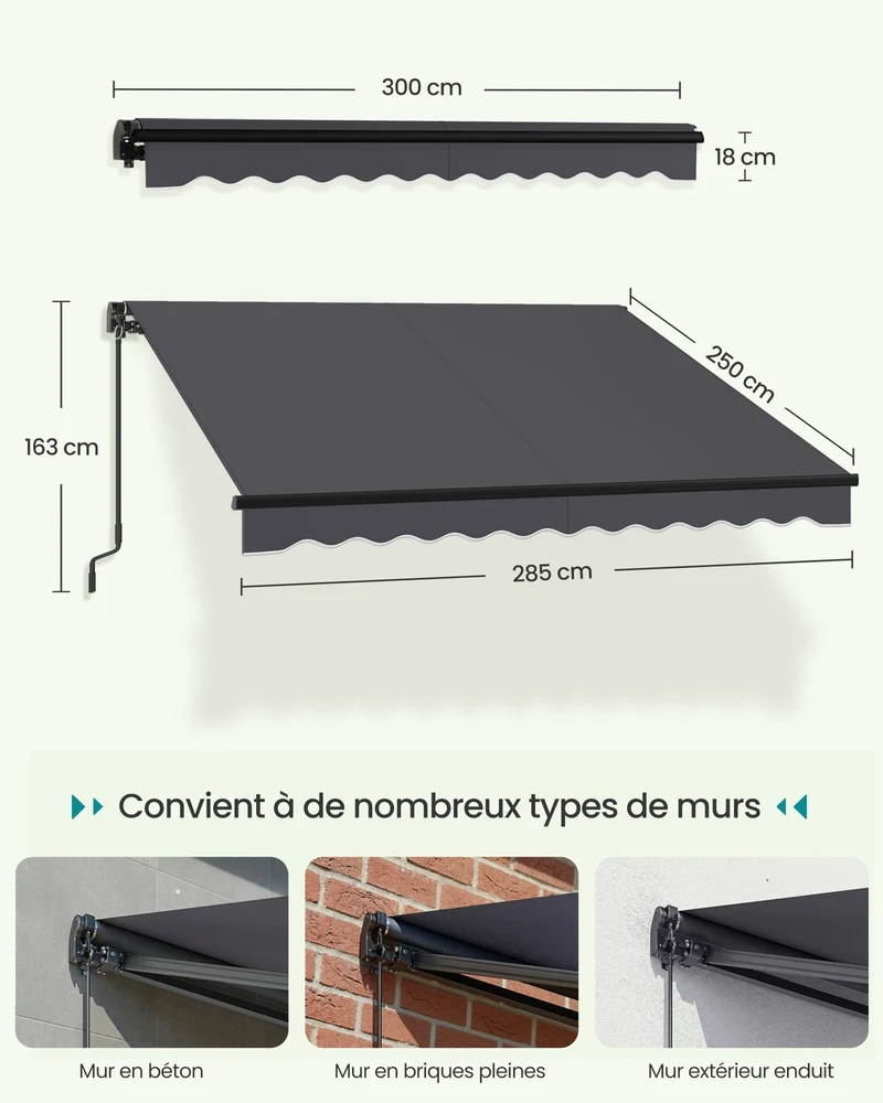 Store banne rétractable manuel protection solaire balcon jardin 300 x 250 cm réglable style moderne en aluminium gris 12_0012863