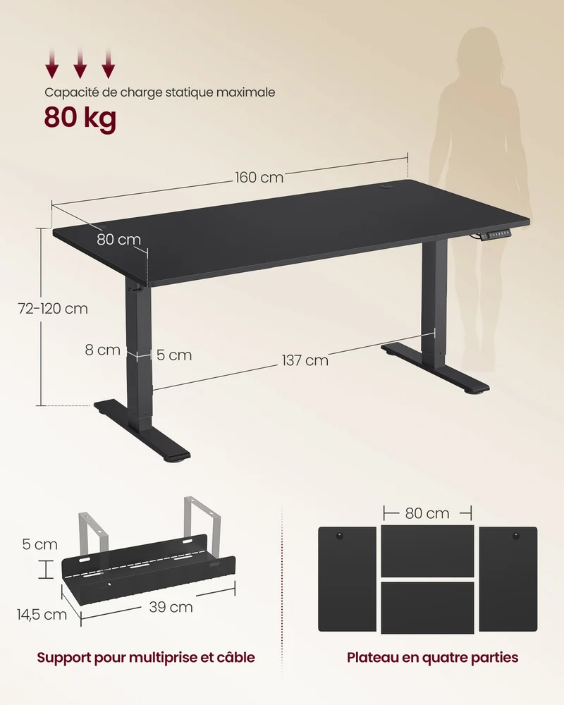 Bureau électrique réglable en hauteur 160 x 80 cm support pour multiprise fonction mémoire 3 hauteurs style moderne en aggloméré noir 12_0012650