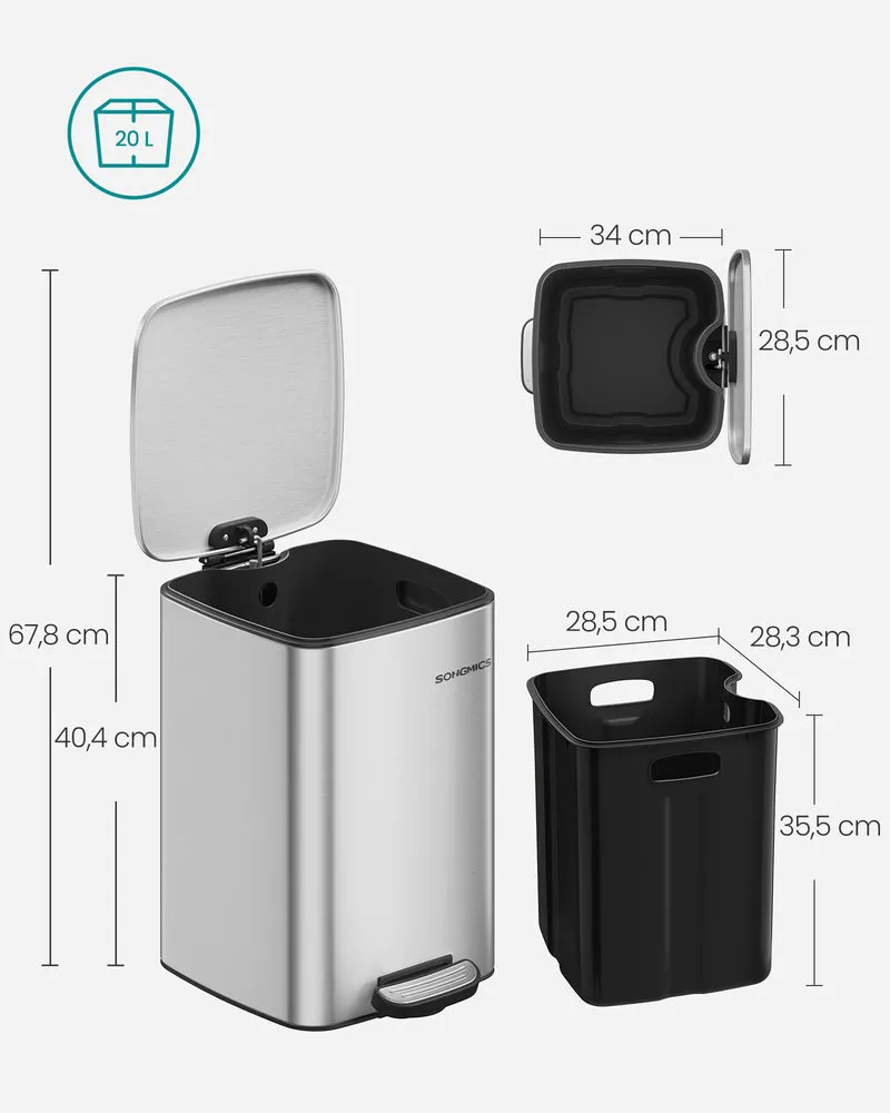 Poubelle de cuisine à pédale 34 x 28,5 x 40,4 cm avec seau intérieur ergonomique style moderne en acier argent métallique 12_0011810