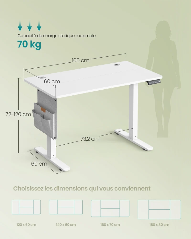 Bureau électrique assis-debout réglable en hauteur 100 x 60 x 72-120 cm 4 hauteurs mémorisables design moderne en aggloméré blanc 12_0011629