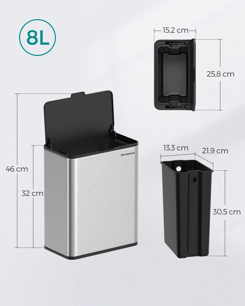 Poubelle murale pour cuisine ou salle de bain 25,8 x 15,2 x 32 cm avec couvercle pratique finition argent en acier 12_0011529