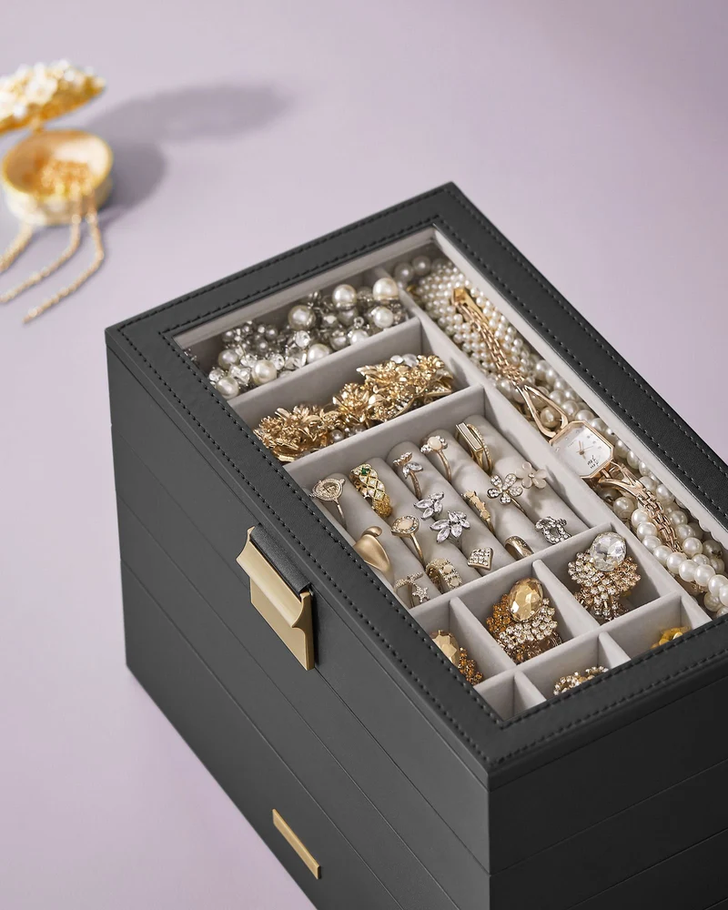 Boîte à bijoux avec 4 plateaux empilables pratique pour tiroir coiffeuse 17 x 28 x 18,3 cm en MDF noir 12_0010589
