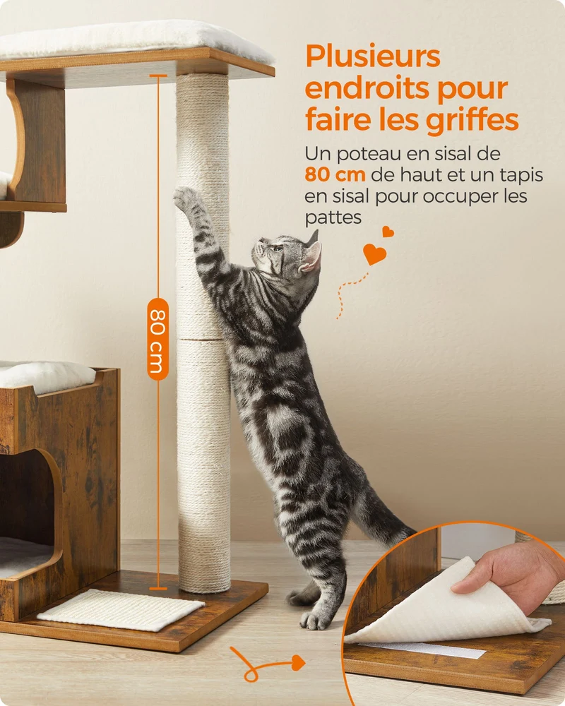 Arbre à chat vintage avec 3 plateformes et 1 grotte 66 x 40 x 86 cm style douillet en MDF marron rustique