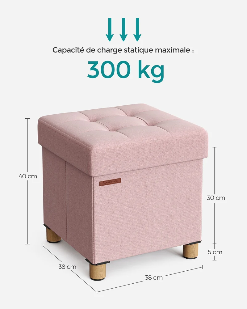 Pouf coffre de rangement tabouret avec repose-pieds pliable banc avec rangement 38 x 38 x 40 cm pour salon chambre 12_0007284