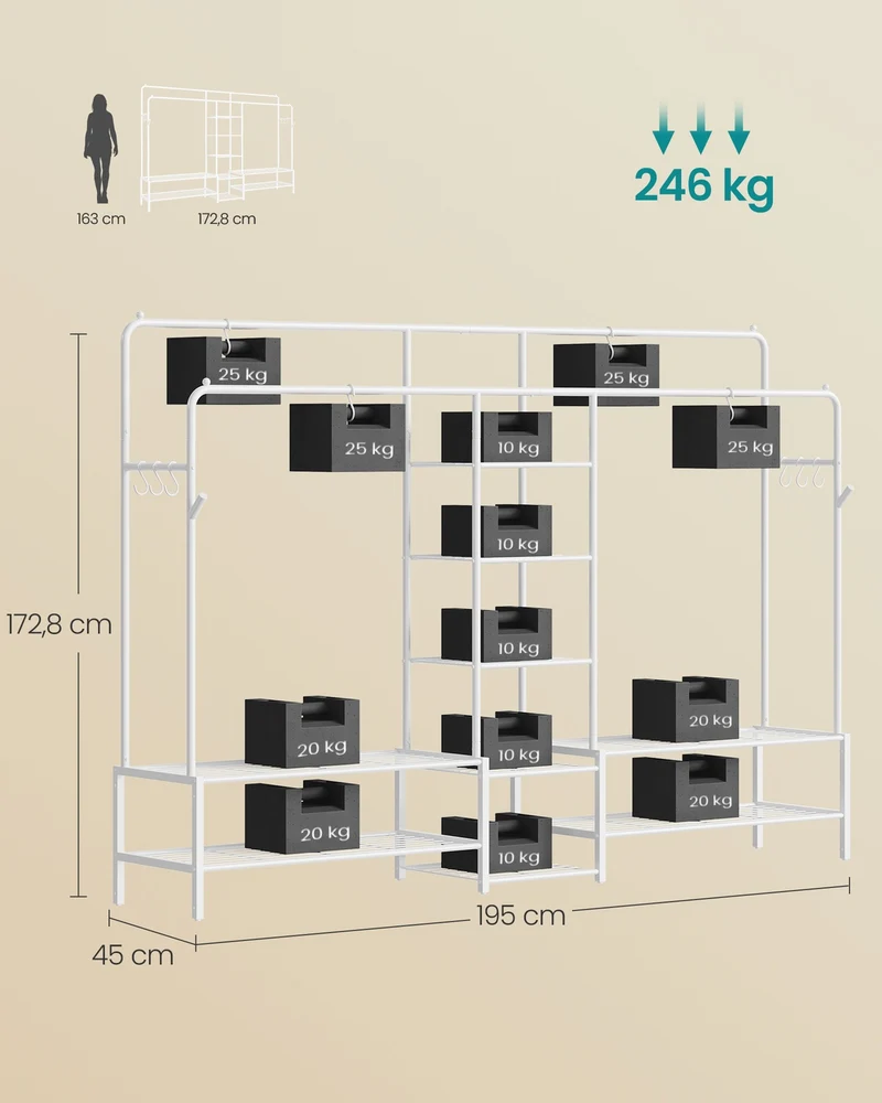 Portant à vêtements ouvert avec 7 étagères design contemporain pour entrée chambre 45 x 195 x 172,8 cm en acier blanc 12_0013034