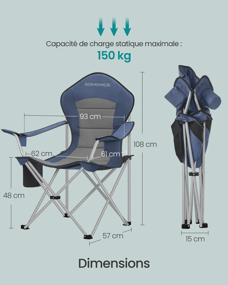 Chaise pliante de camping large dossier haut 61 x 93 x 108 cm assise ergonomique avec porte-gobelet en acier bleu 12_0012613