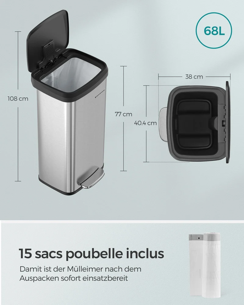 Poubelle de cuisine à pédale haute étroite 40,4 x 35,1 x 77,6 cm design moderne capacité 68 l en acier argenté 12_0012009