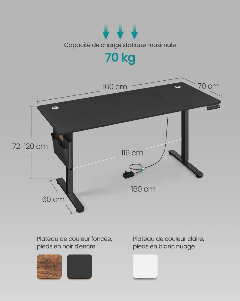 Bureau électrique assis-debout réglable hauteur 70 x 160 x 72-120 cm 4 niveaux mémorisables finition moderne en aggloméré noir 12_0011759