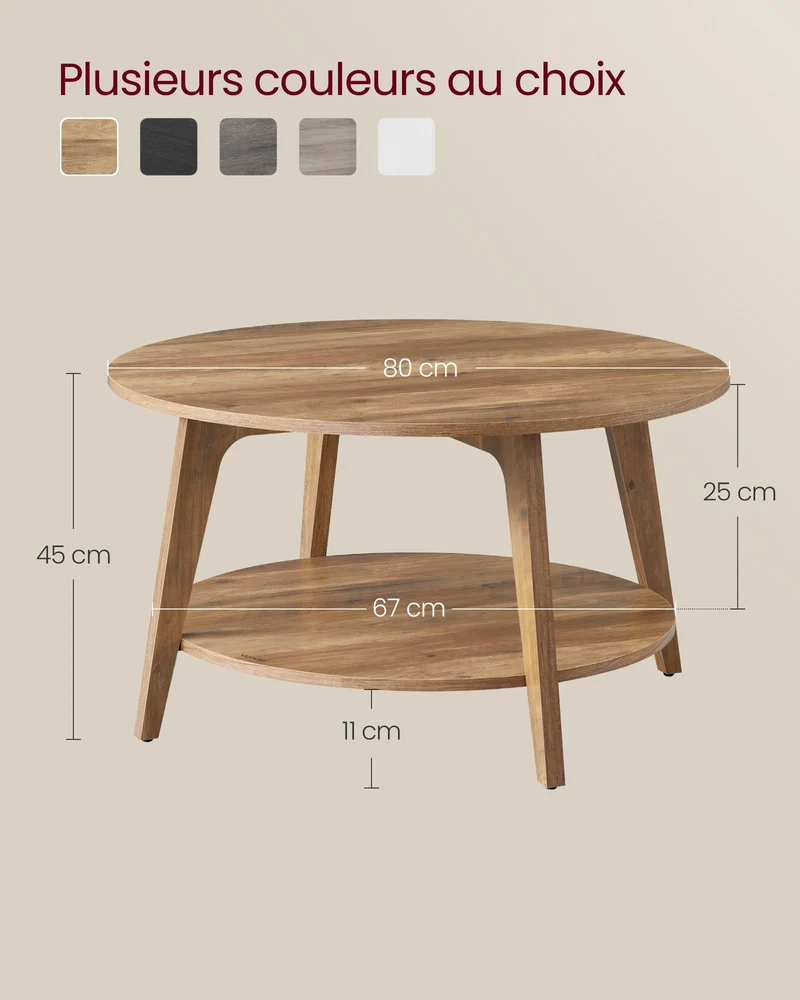 Table basse ronde design contemporain salon 80 x 45 cm capacité 30 kg en panneau MDF marron miel 12_0011516