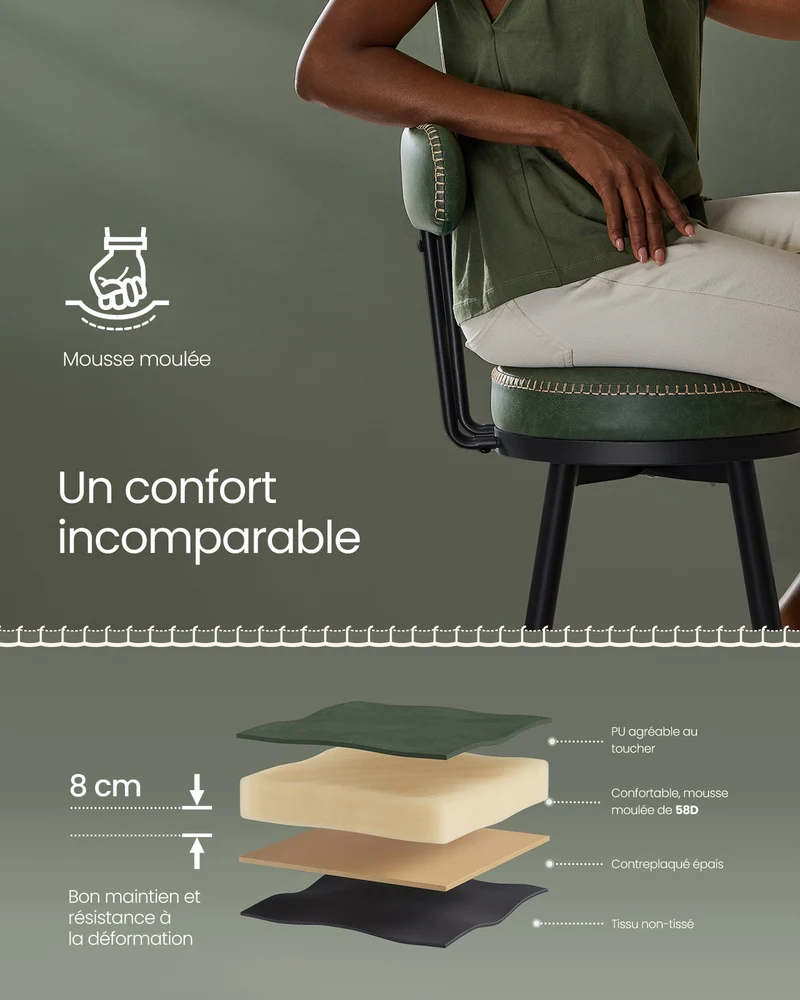 Lot de 2 tabourets de bar design moderne 57 x 57 x 101 cm confort assise ergonomique en acier vert forêt 12_0011124