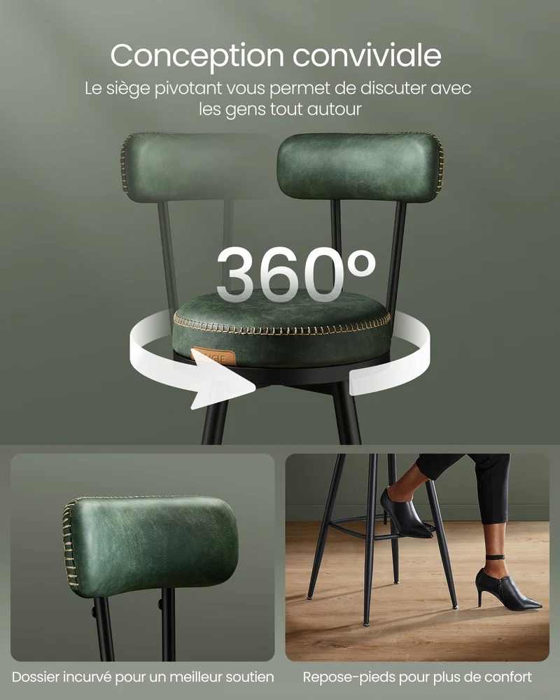 Lot de 2 tabourets de bar design moderne 57 x 57 x 101 cm confort assise ergonomique en acier vert forêt 12_0011124